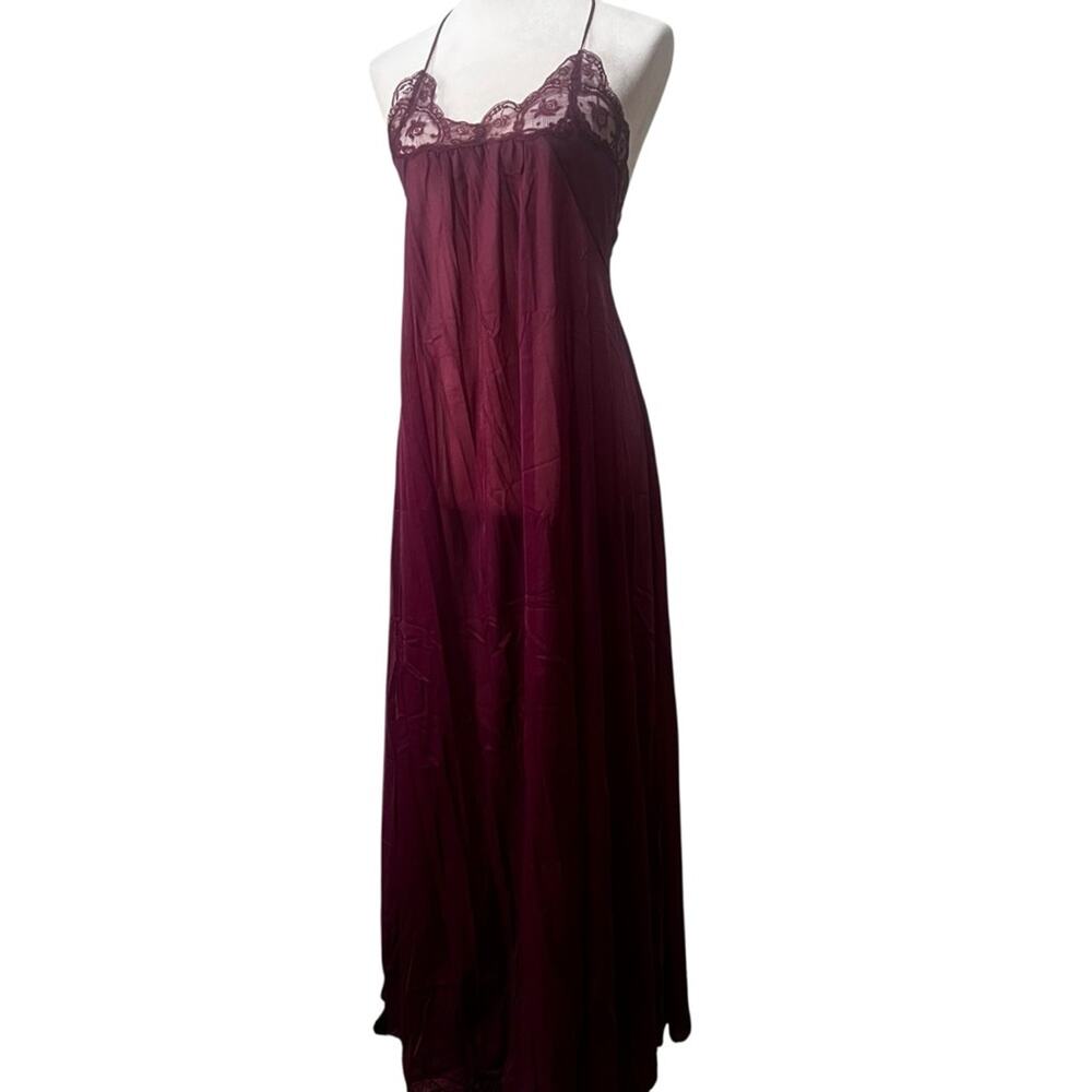Vintage 1970s Burgundy Semi Sheer Nylon Lace Nightgown | Criss Cross Back | Med